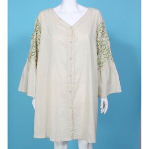 NWT GUDRUN SJODEN Beige Oregano Green Embroidered Tunic Top Bell Sleeve XL /286